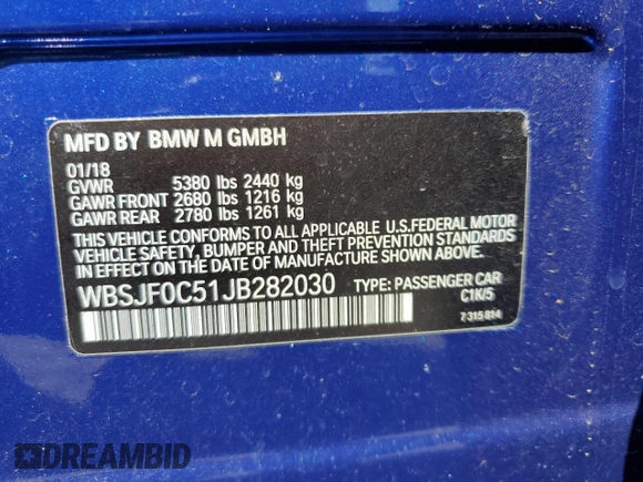 2018 BMW M5 z VIN WBSJF0C51JB282030, wystawiony jako Copart lot #54773835 z przebiegiem 44 046 mil mil oraz Szkody całkowita. Historia ofert i sprzedaży dostępna na DreamBid. Obrazek 12.