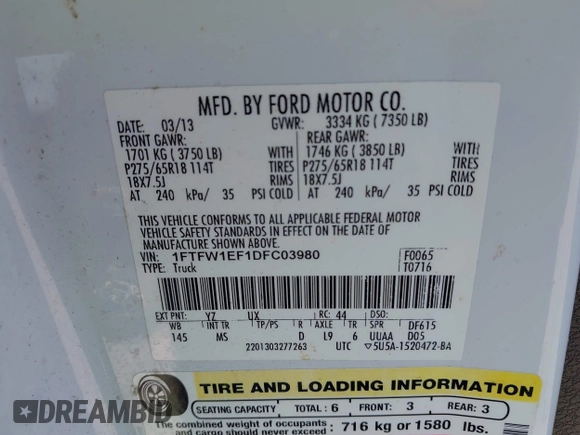 2013 Ford F-150 XL with VIN 1FTFW1EF1DFC03980, listed as a IAAI auction lot 42649384 with 189,917 mi miles and . Bid and sale history available at DreamBid. Image 9.