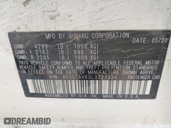 2020 Subaru Impreza Premium with VIN 4S3GTAV63L3721330, listed as a IAAI auction lot 42248125 with 115,011 mi miles and . Bid and sale history available at DreamBid. Image 9.