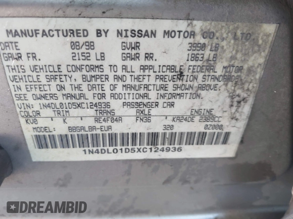 1999 Nissan Altima XE with VIN 1N4DL01D5XC124936, listed as a IAAI auction lot 42031611 with 140,519 mi miles. Bid and sale history available at carsss.com. Image 9.