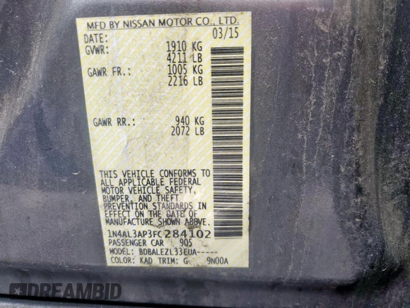 2015 Nissan Altima SL with VIN 1N4AL3AP3FC284102, listed as a Copart auction lot 53320425 with 213,641 mi miles and Clean title. Bid and sale history available at DreamBid. Image 12.