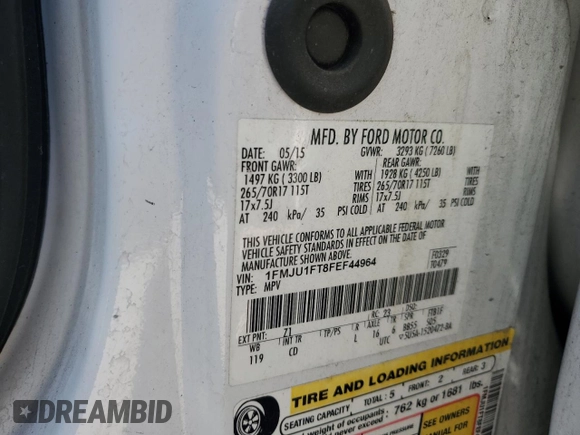 2015 Ford Expedition XL with VIN 1FMJU1FT8FEF44964, listed as a Copart auction lot 53561175 with Not provided miles and Salvage title. Bid and sale history available at DreamBid. Image 13.