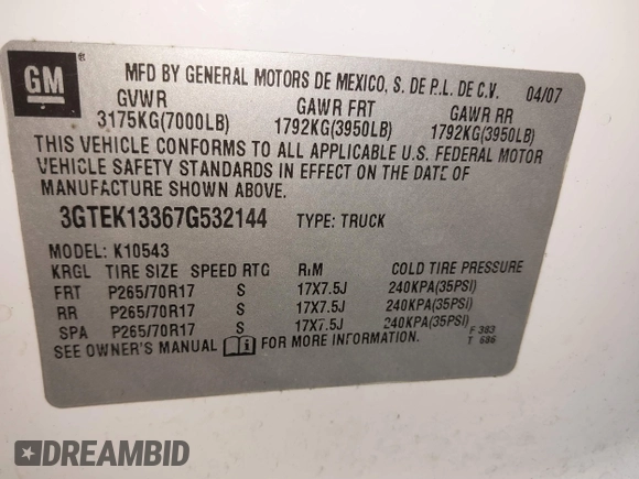 2007 GMC Sierra 1500 SLT z VIN 3GTEK13367G532144, wystawiony jako IAAI lot #41237508 z przebiegiem Nie podano mil oraz . Historia ofert i sprzedaży dostępna na DreamBid. Obrazek 9.