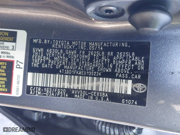 2014 Toyota Camry Hybrid LE with VIN 4T1BD1FK8EU135234, listed as a IAAI auction lot 41399246 with 104,964 mi miles. Bid and sale history available at carsss.com. Image 9.