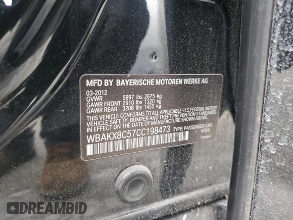2012 BMW 7 Series with VIN WBAKX8C57CC198473, listed as a Copart auction lot 41858265 with 86,741 mi miles and Salvage title. Bid and sale history available at DreamBid. Image 12.