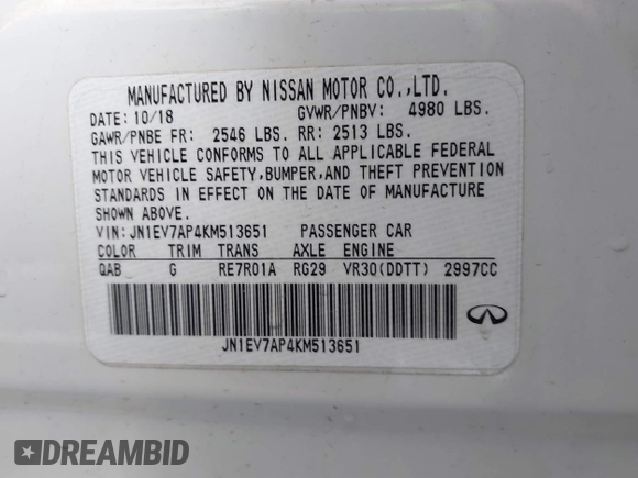 2019 Infiniti Q50 3.0t LUXE with VIN JN1EV7AP4KM513651, listed as a IAAI auction lot 41357173 with 77,485 mi miles. Bid and sale history available at carsss.com. Image 9.