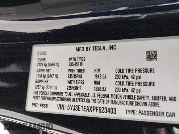 2023 Tesla Model 3 with VIN 5YJ3E1EAXPF623403, listed as a IAAI auction lot 41829543 with 29,414 mi miles and . Bid and sale history available at carsss.com. Image 9.