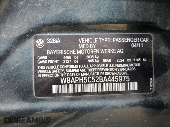 2011 BMW 3 Series 328i z VIN WBAPH5C52BA445975, wystawiony jako Copart lot #54179105 z przebiegiem 117 147 mil mil oraz Szkoda całkowita • Salvage title. Historia ofert i sprzedaży dostępna na DreamBid. Obrazek 12.