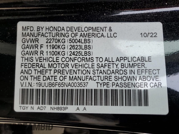 2022 Acura TLX Advance with VIN 19UUB6F65NA003537, listed as a Copart auction lot 85199054 with 20,110 mi miles and Salvage title. Bid and sale history available at DreamBid. Image 12.