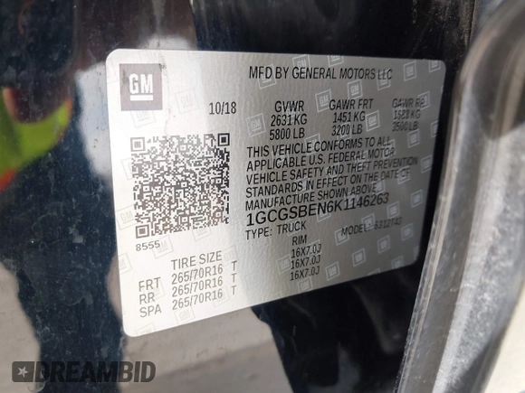 2019 Chevrolet Colorado 2WD Work Truck z VIN 1GCGSBEN6K1146263, wystawiony jako IAAI lot #42247164 z przebiegiem 50 057 mil mil oraz . Historia ofert i sprzedaży dostępna na DreamBid. Obrazek 9.