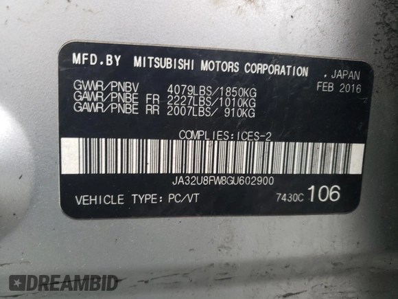 2016 Mitsubishi Lancer GT with VIN JA32U8FW8GU602900, listed as a Copart auction lot 46833514 with 178,740 mi miles and Clean Title. Bid and sale history available at carsss.com. Image 12.