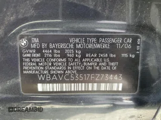 2007 BMW 3 Series 328i with VIN WBAVC53517FZ73443, listed as a Copart auction lot 50095755 with 197,708 mi miles and Salvage title. Bid and sale history available at DreamBid. Image 14.