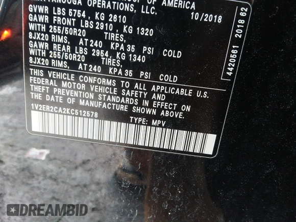 2019 Volkswagen Atlas SEL with VIN 1V2ER2CA2KC512578, listed as a IAAI auction lot 41265733 with 110,977 mi miles and . Bid and sale history available at DreamBid. Image 9.