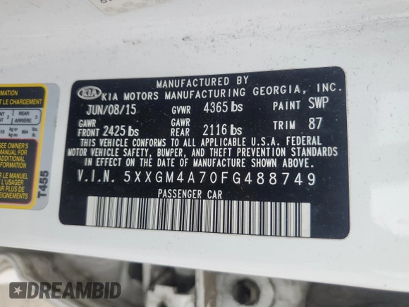 2015 Kia Optima LX with VIN 5XXGM4A70FG488749, listed as a Copart auction lot 57395825 with 176,592 mi miles and Salvage title. Bid and sale history available at DreamBid. Image 13.