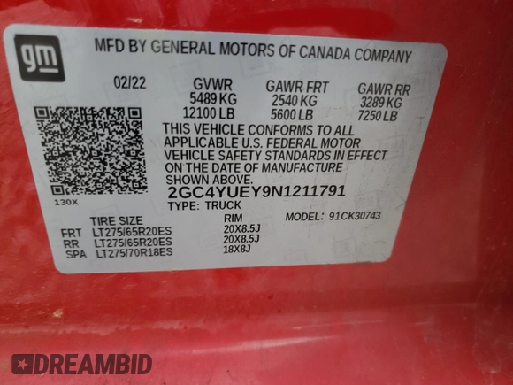 2022 Chevrolet Silverado 3500HD LTZ with VIN 2GC4YUEY9N1211791, listed as a Copart auction lot 43073595 with 69,841 mi miles and Salvage Title. Bid and sale history available at DreamBid. Image 14.