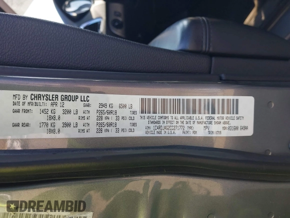 2012 Dodge Durango SXT with VIN 1C4RDJAG2CC271772, listed as a IAAI auction lot 42760810 with 151,215 mi miles and . Bid and sale history available at DreamBid. Image 9.