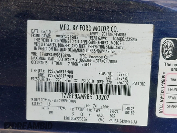 2011 Ford Mustang V6 with VIN 1ZVBP8AM9B5138207, listed as a IAAI auction lot 42565744 with 154,151 mi miles and . Bid and sale history available at DreamBid. Image 9.