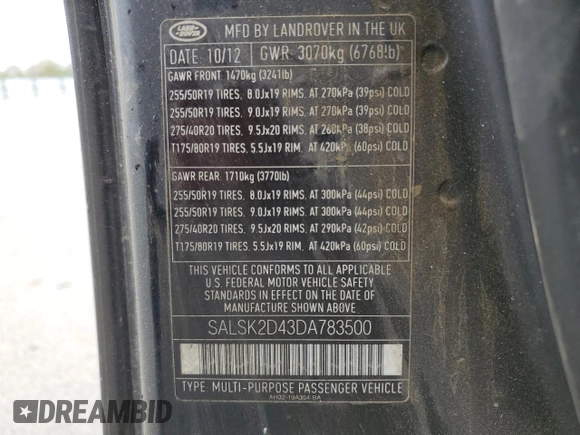 2013 Land Rover Range Rover Sport HSE Lux with VIN SALSK2D43DA783500, listed as a Copart auction lot 54438815 with Not Provided miles and Salvage Title. Bid and sale history available at DreamBid. Image 13.