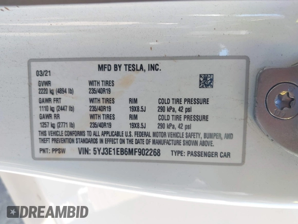 2021 Tesla Model 3 Long Range z VIN 5YJ3E1EB6MF902268, wystawiony jako IAAI lot #41837846 z przebiegiem 37 041 mil mil oraz . Historia ofert i sprzedaży dostępna na DreamBid. Obrazek 9.