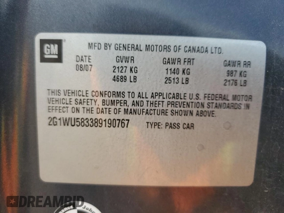 2008 Chevrolet Impala LTZ with VIN 2G1WU583389190767, listed as a Copart auction lot 47076815 with 227,462 mi miles and Salvage Title. Bid and sale history available at DreamBid. Image 14.