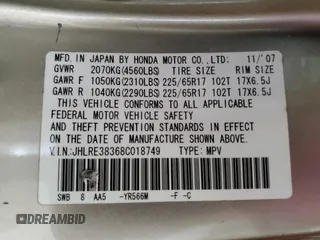 2008 Honda CR-V LX с VIN JHLRE38368C018749, выставлен на аукционе Copart как лот 57131165 с пробегом 251 462 миль миль и Чистый • Clean title. История ставок и продаж доступна на DreamBid. Изображение 14.