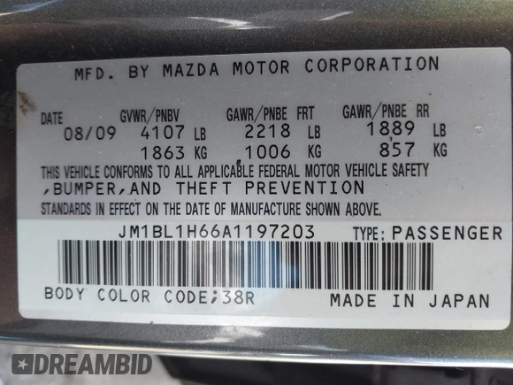 2010 Mazda 3 S Sport with VIN JM1BL1H66A1197203, listed as a IAAI auction lot 42001652 with 104,246 mi miles and . Bid and sale history available at DreamBid. Image 9.