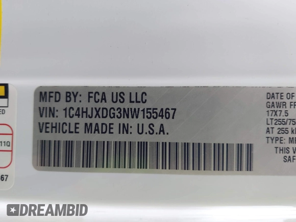 2022 Jeep Wrangler Unlimited Sport S with VIN 1C4HJXDG3NW155467, listed as a IAAI auction lot 41638650 with 22,698 mi miles and . Bid and sale history available at DreamBid. Image 9.