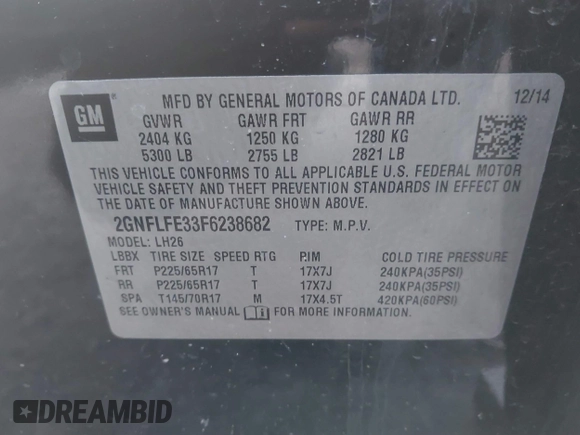 2015 Chevrolet Equinox LT with VIN 2GNFLFE33F6238682, listed as a IAAI auction lot 41708824 with 100,765 mi miles and . Bid and sale history available at DreamBid. Image 9.