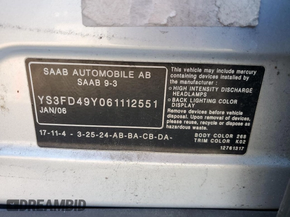 2006 Saab 9-3 z VIN YS3FD49Y061112551, wystawiony jako Copart lot #44310175 z przebiegiem 194 039 mil mil oraz Szkoda całkowita • Salvage title. Historia ofert i sprzedaży dostępna na DreamBid. Obrazek 12.