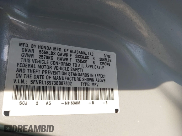 2003 Honda Odyssey EX-L with VIN 5FNRL18973B007802, listed as a IAAI auction lot 40365765 with 278,759 mi miles and . Bid and sale history available at DreamBid. Image 9.