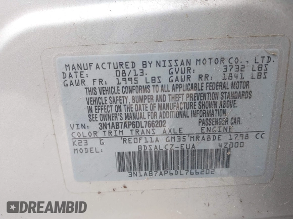 2013 Nissan Sentra S with VIN 3N1AB7AP6DL766202, listed as a IAAI auction lot 42122653 with 205,180 mi miles and . Bid and sale history available at DreamBid. Image 9.