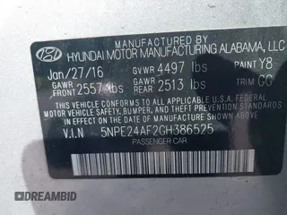 2016 Hyundai Sonata SE with VIN 5NPE24AF2GH386525, listed as a IAAI auction lot 42429207 with 125,833 mi miles and . Bid and sale history available at DreamBid. Image 9.