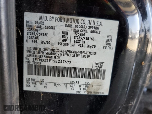 2002 Ford F-250 XL с VIN 1FTNX21F12ED57693, выставлен на аукционе Copart как лот 62148855 с пробегом 149 950 миль миль и Чистый • Clean title. История ставок и продаж доступна на DreamBid. Изображение 12.