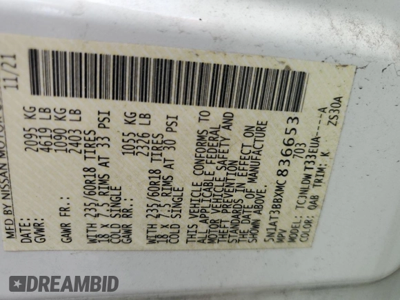 2021 Nissan Rogue SV z VIN 5N1AT3BBXMC836653, wystawiony jako Copart lot #57087435 z przebiegiem 98 514 mil mil oraz Szkoda całkowita • Salvage title. Historia ofert i sprzedaży dostępna na DreamBid. Obrazek 14.