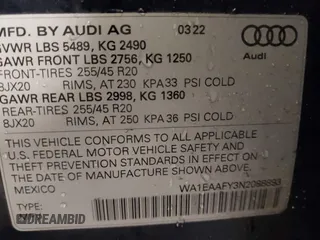 2022 Audi Q5 S line Premium Plus with VIN WA1EAAFY3N2088893, listed as a IAAI auction lot 41405327 with 35,566 mi miles. Bid and sale history available at carsss.com. Image 9.