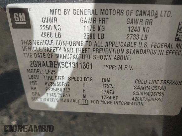 2012 Chevrolet Equinox LS with VIN 2GNALBEK5C1311361, listed as a IAAI auction lot 42151665 with 112,846 mi miles and . Bid and sale history available at DreamBid. Image 9.