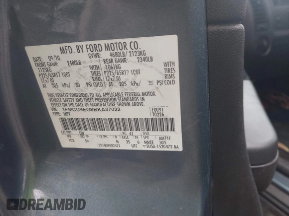 2011 Ford Escape Limited с VIN 1FMCU9EG8BKA37022, выставлен на аукционе IAAI как лот 42775561 с пробегом 234 098 миль миль и . История ставок и продаж доступна на DreamBid. Изображение 9.