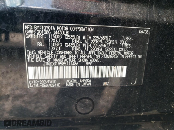 2008 Toyota RAV4 Limited with VIN JTMZD31V585111486, listed as a Copart auction lot 55158425 with 141,171 mi miles and Salvage title. Bid and sale history available at DreamBid. Image 13.