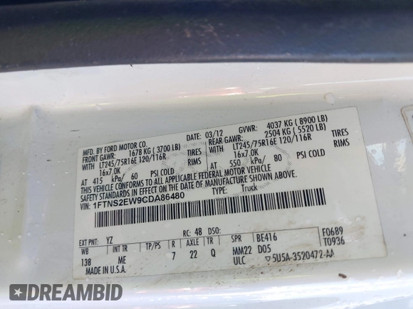 2012 Ford Econoline Cargo Commercial with VIN 1FTNS2EW9CDA86480, listed as a IAAI auction lot 41360828 with Not Provided miles. Bid and sale history available at carsss.com. Image 9.