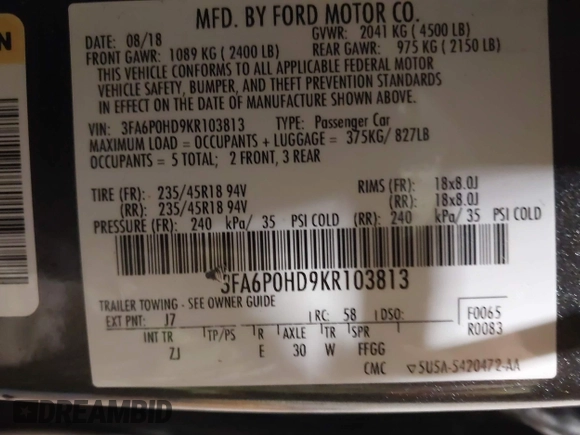 2019 Ford Fusion SE with VIN 3FA6P0HD9KR103813, listed as a IAAI auction lot 41471645 with 89,249 mi miles and . Bid and sale history available at carsss.com. Image 9.