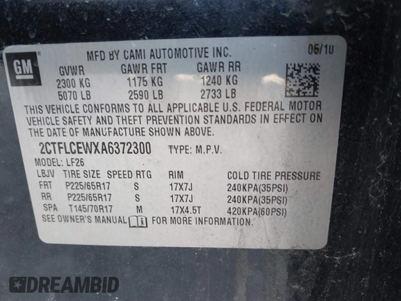 2010 GMC Terrain SLE-1 with VIN 2CTFLCEWXA6372300, listed as a IAAI auction lot 41653184 with 206,005 mi miles. Bid and sale history available at carsss.com. Image 9.