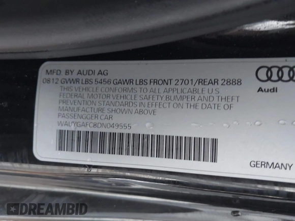 2013 Audi A7 3.0 Premium Plus with VIN WAUYGAFC8DN049555, listed as a IAAI auction lot 41576895 with 170,887 mi miles. Bid and sale history available at carsss.com. Image 9.