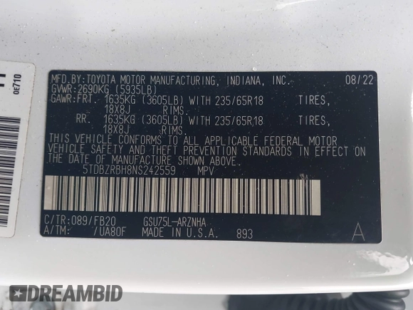 2022 Toyota Highlander LE with VIN 5TDBZRBH8NS242559, listed as a IAAI auction lot 42366399 with 200,915 mi miles and . Bid and sale history available at DreamBid. Image 9.