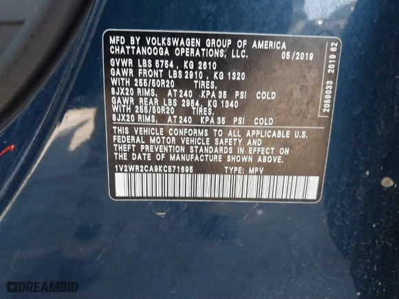 2019 Volkswagen Atlas 3.6L V6 SE w/Technology with VIN 1V2WR2CA9KC571695, listed as a IAAI auction lot 41895710 with 128,148 mi miles. Bid and sale history available at carsss.com. Image 9.