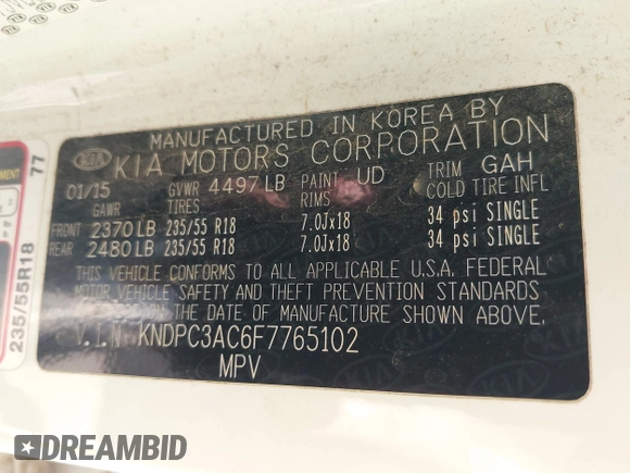 2015 Kia Sportage EX с VIN KNDPC3AC6F7765102, выставлен на аукционе IAAI как лот 42821796 с пробегом 107 732 миль миль и . История ставок и продаж доступна на DreamBid. Изображение 9.