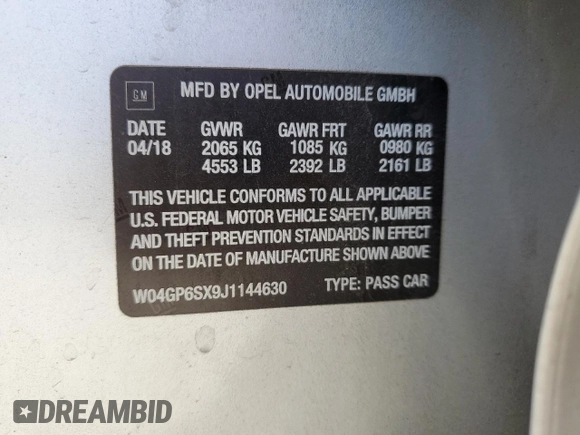 2018 Buick Regal Essence with VIN W04GP6SX9J1144630, listed as a Copart auction lot 53074585 with 96,077 mi miles and Salvage title. Bid and sale history available at DreamBid. Image 12.