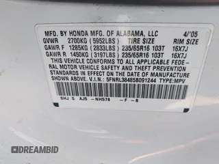 2005 Honda Odyssey EX with VIN 5FNRL38485B091244, listed as a IAAI auction lot 42021750 with 1 mi miles. Bid and sale history available at carsss.com. Image 9.