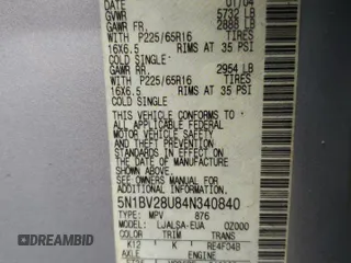 2004 Nissan Quest S z VIN 5N1BV28U84N340840, wystawiony jako Copart lot #48173415 z przebiegiem Nie podano mil oraz Szkoda całkowita • Salvage title. Historia ofert i sprzedaży dostępna na DreamBid. Obrazek 13.