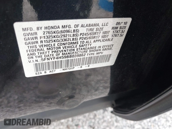 2011 Honda Pilot EX-L with VIN 5FNYF4H59BB039862, listed as a IAAI auction lot 42048218 with 174,102 mi miles and . Bid and sale history available at carsss.com. Image 9.