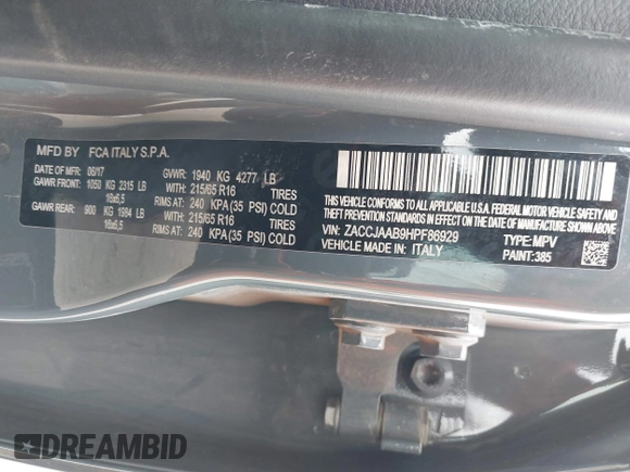 2017 Jeep Renegade Sport z VIN ZACCJAAB9HPF86929, wystawiony jako IAAI lot #42433375 z przebiegiem 218 378 mil mil oraz . Historia ofert i sprzedaży dostępna na DreamBid. Obrazek 9.